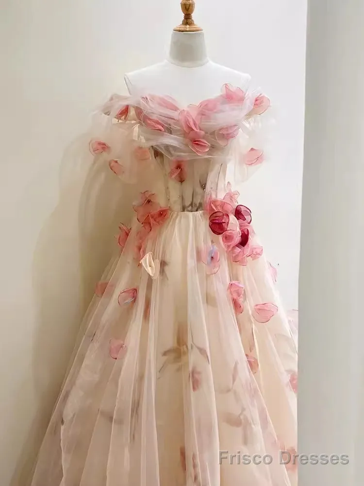 Ball Gown Champagne Floral Prom Dress Long Party Dresses