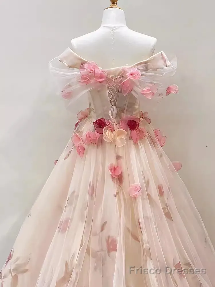 Ball Gown Champagne Floral Prom Dress Long Party Dresses