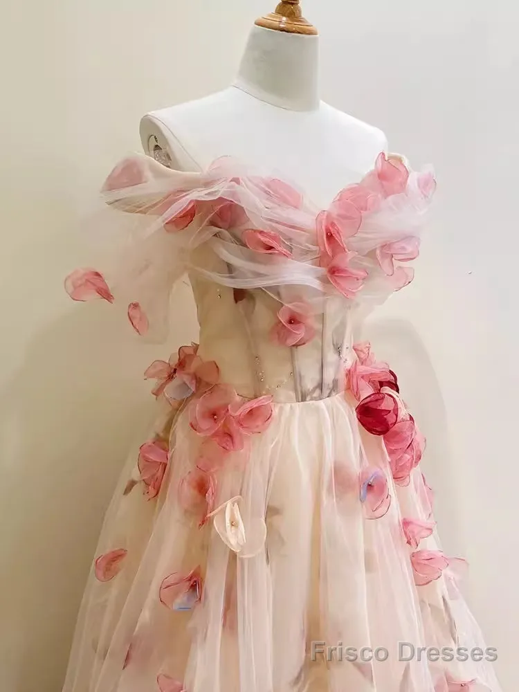 Ball Gown Champagne Floral Prom Dress Long Party Dresses
