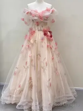 Ball Gown Champagne Floral Prom Dress Long Party Dresses