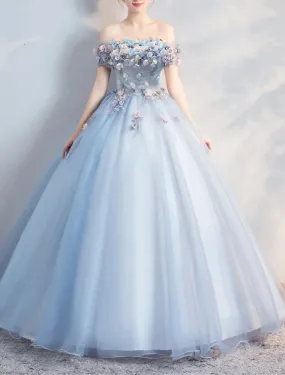 Ball Gown Prom Dresses Floral Dress Quinceanera Prom Floor Length Short Sleeve Off Shoulder Polyester with Appliques
