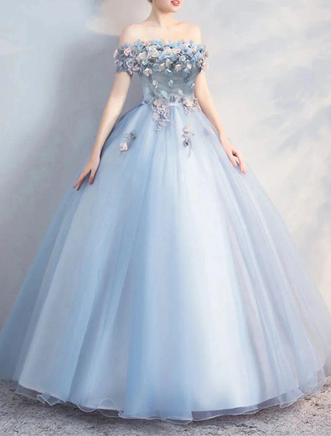 Ball Gown Prom Dresses Floral Dress Quinceanera Prom Floor Length Short Sleeve Off Shoulder Polyester with Appliques