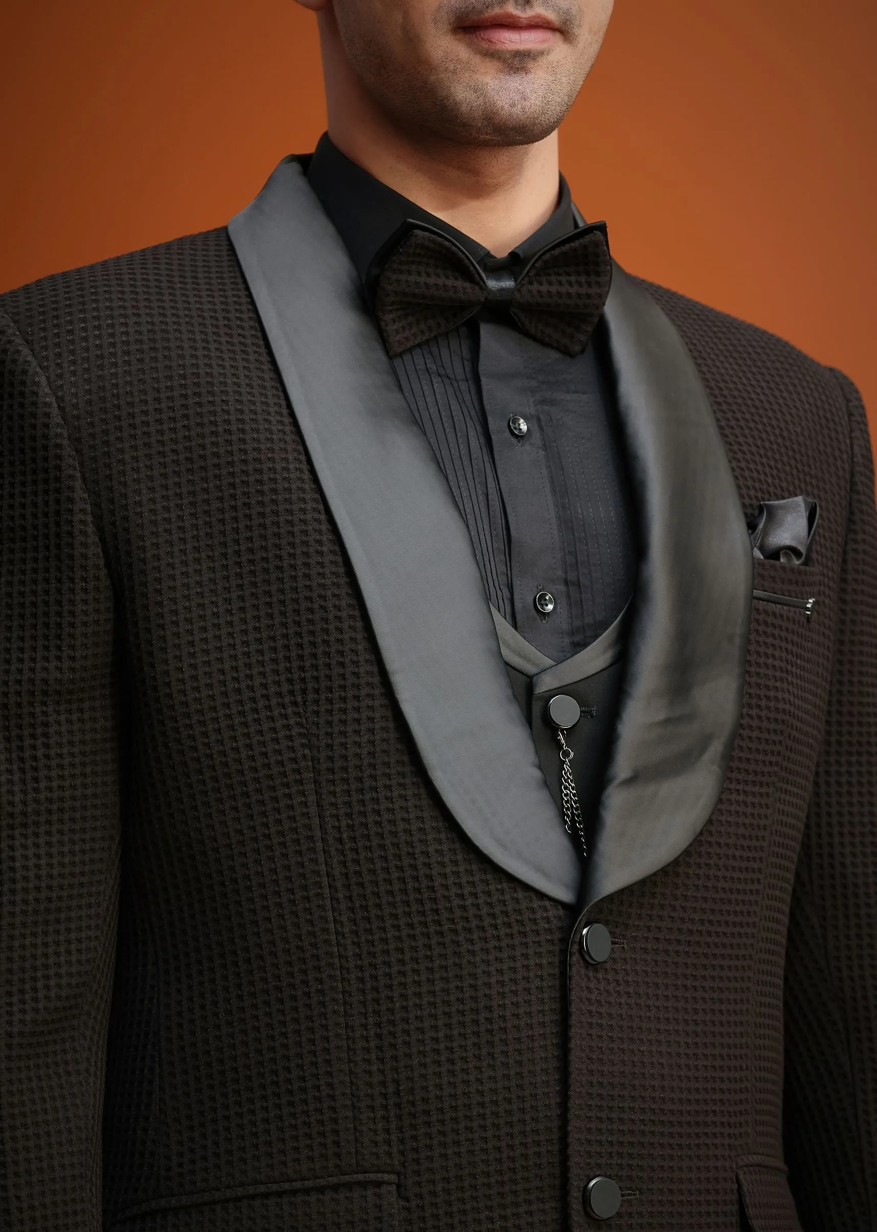 Coffee Brown Knit Tuxedo Set With Waistcoat And Bow