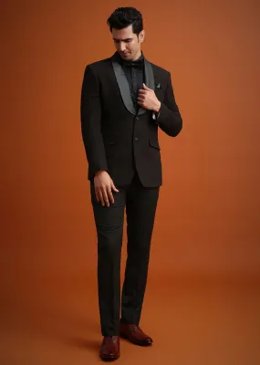 Coffee Brown Knit Tuxedo Set With Waistcoat And Bow