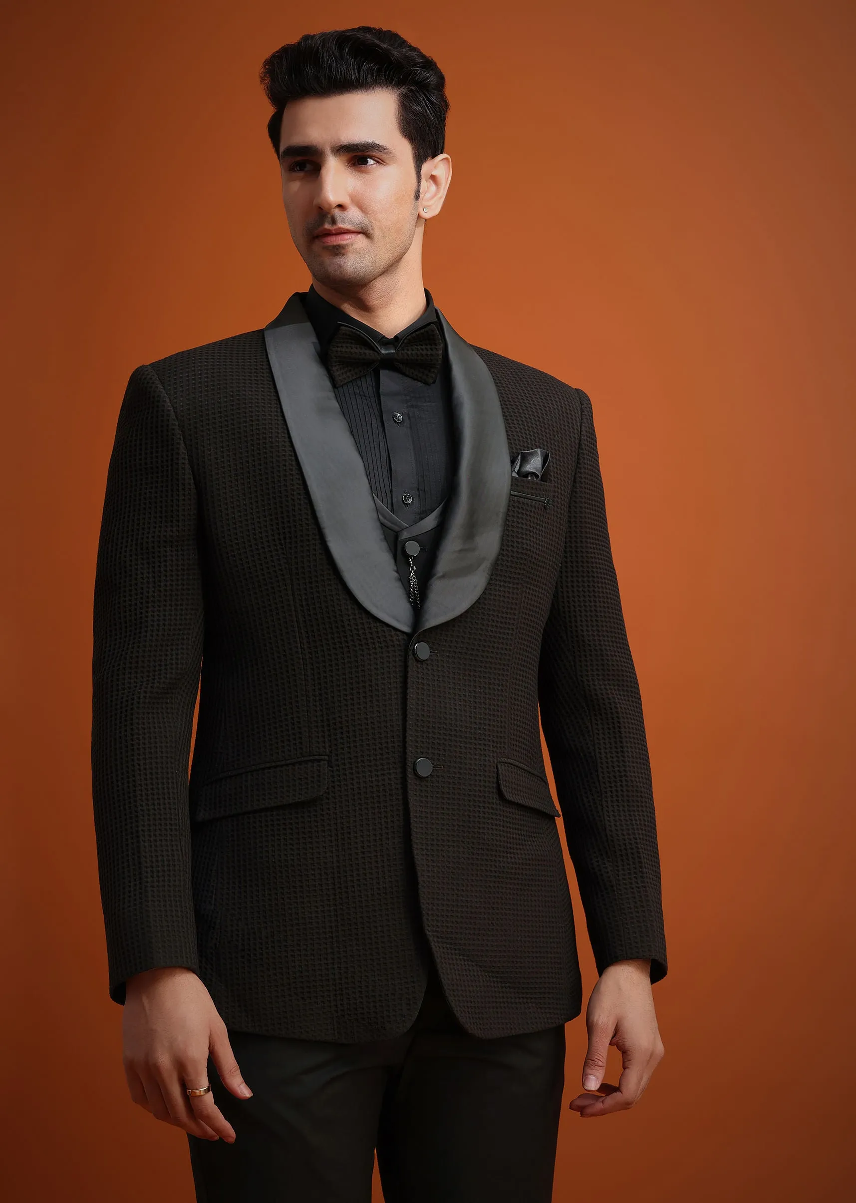 Coffee Brown Knit Tuxedo Set With Waistcoat And Bow
