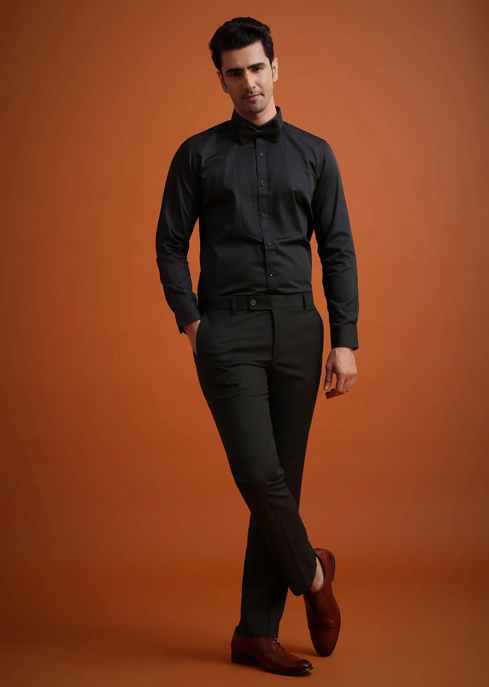 Coffee Brown Knit Tuxedo Set With Waistcoat And Bow