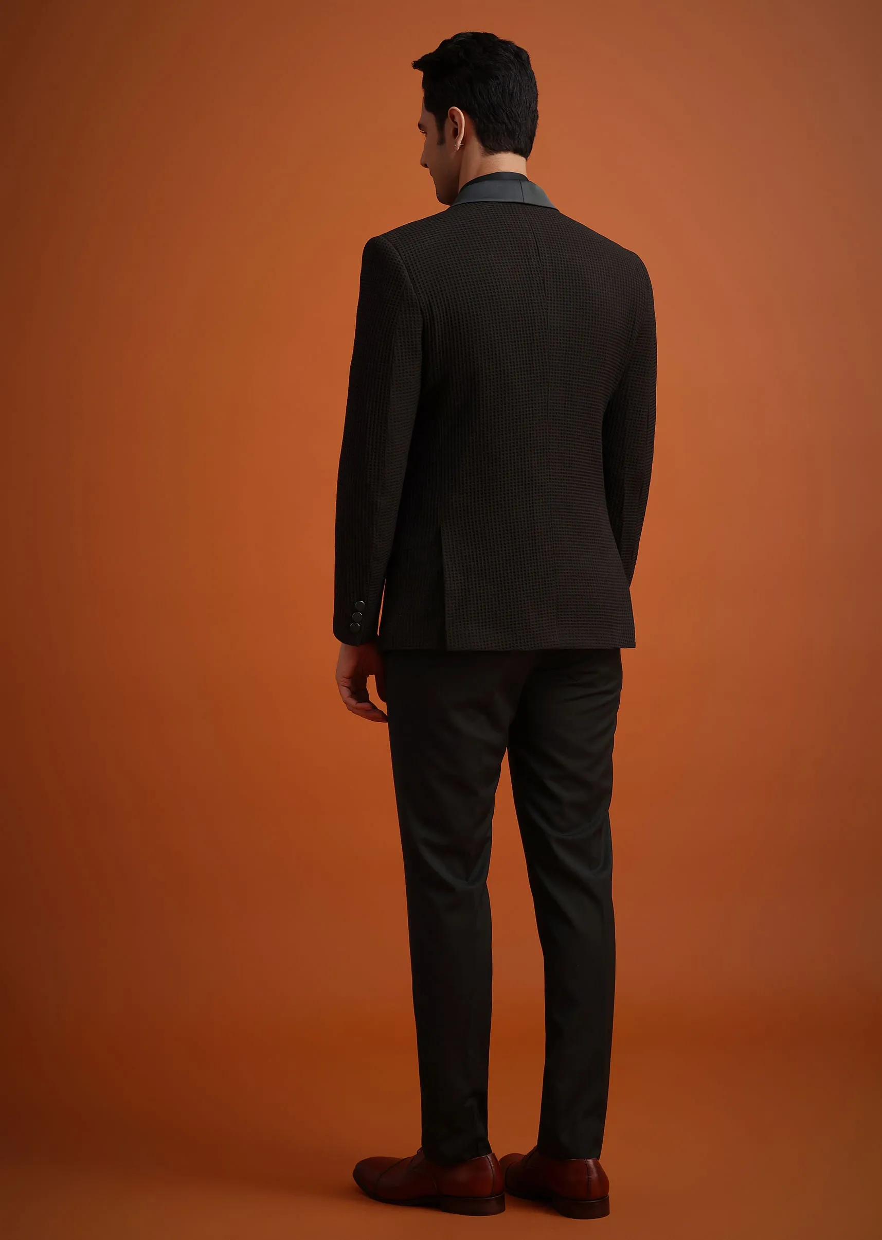 Coffee Brown Knit Tuxedo Set With Waistcoat And Bow