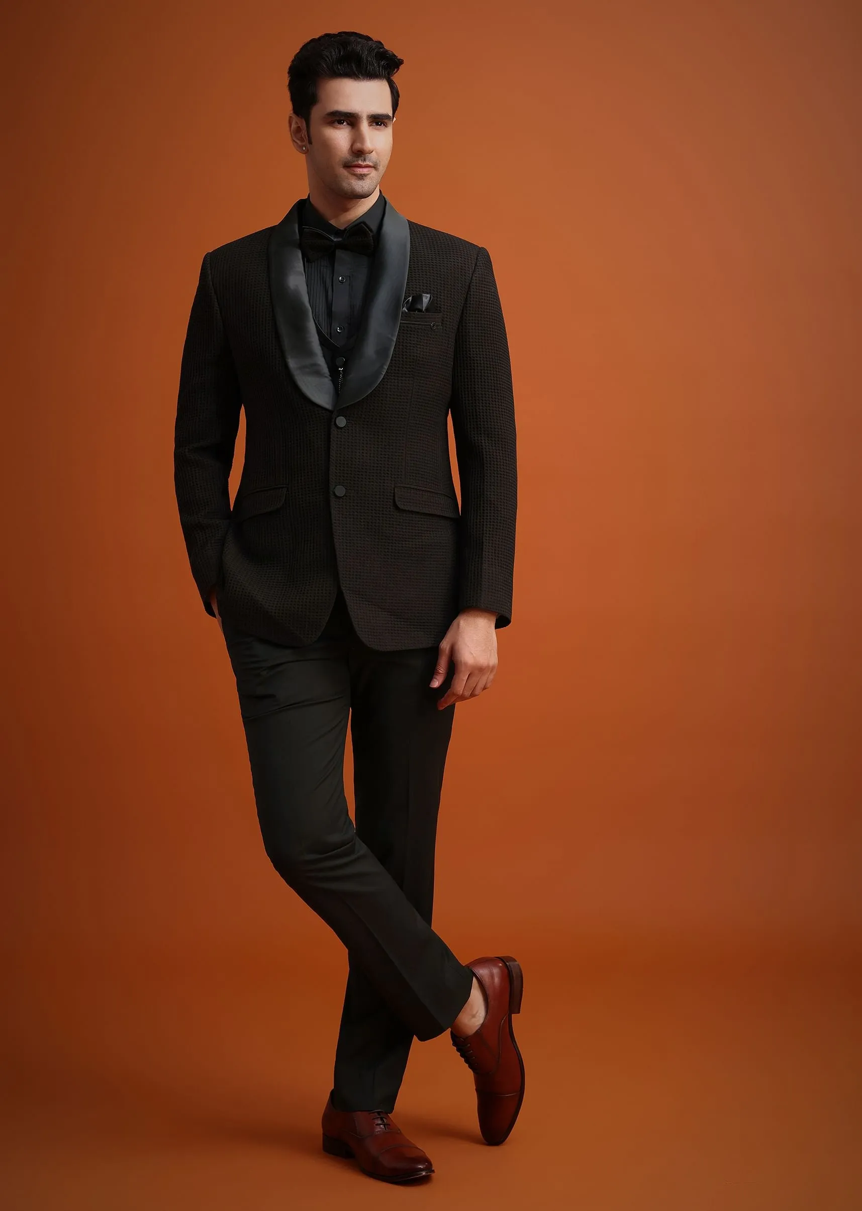 Coffee Brown Knit Tuxedo Set With Waistcoat And Bow