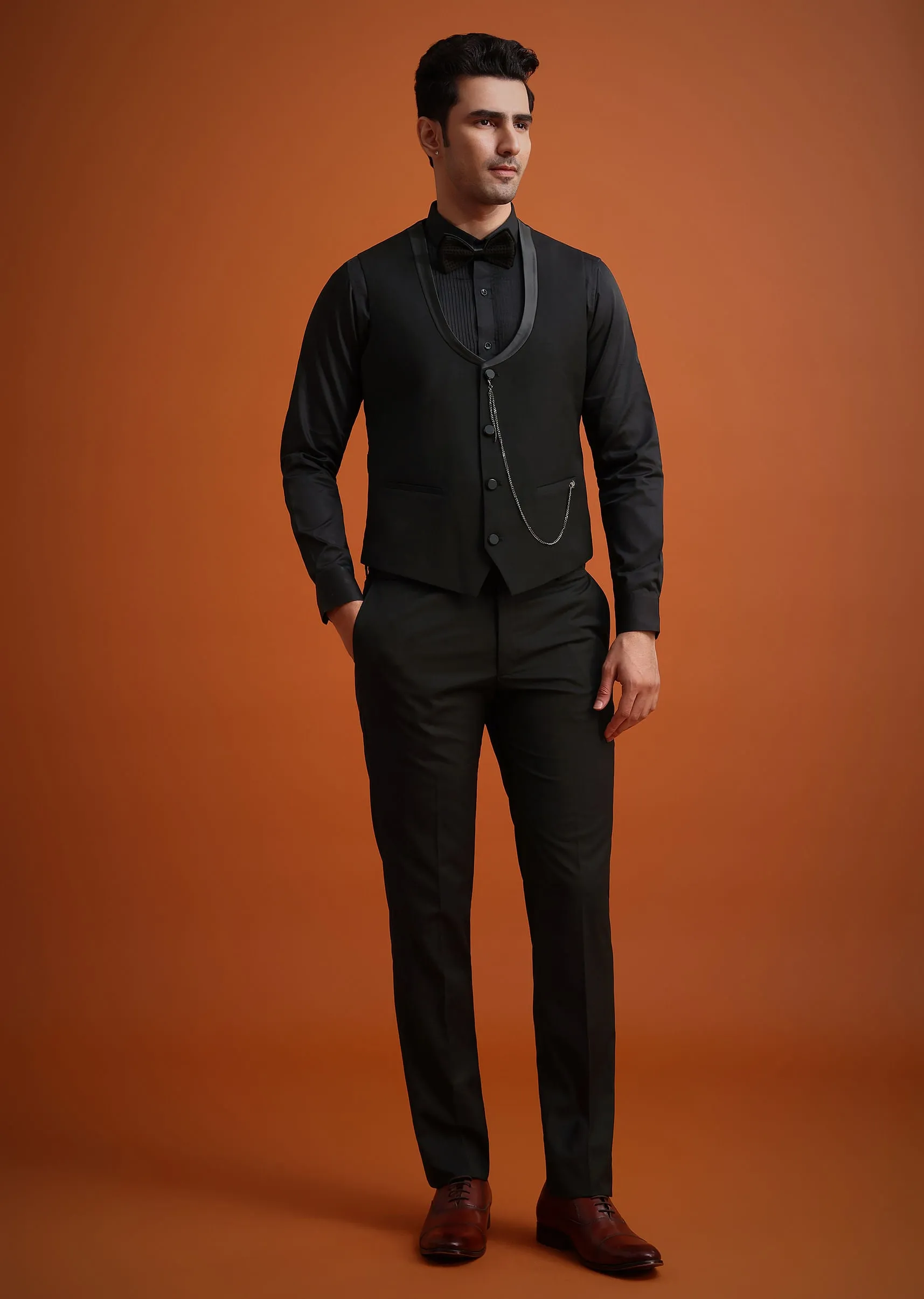 Coffee Brown Knit Tuxedo Set With Waistcoat And Bow