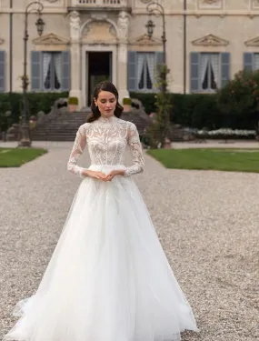 Long Sleeve Floral beaded White Wedding Dress