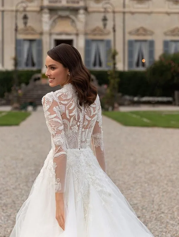 Long Sleeve Floral beaded White Wedding Dress