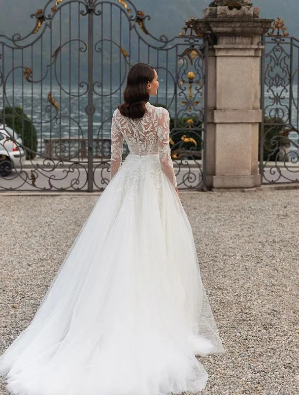 Long Sleeve Floral beaded White Wedding Dress