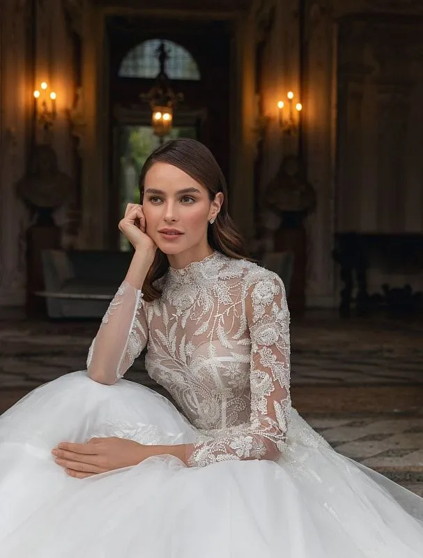Long Sleeve Floral beaded White Wedding Dress