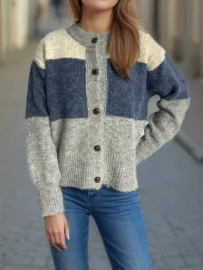 Vintage Color-Blocked Casual Knitted Sweater Cardigan Blue
