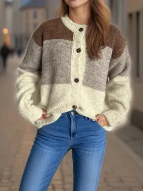 Vintage Color-Blocked Casual Knitted Sweater Cardigan Brown