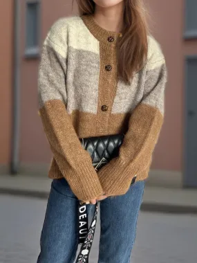 Vintage Color-Blocked Casual Knitted Sweater Cardigan Khaki